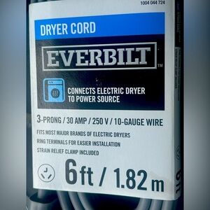 Everbilt 6 Ft. Dryer Cord, 30 Amp, 3 Wire, 250 V, 3 Prong New in Box